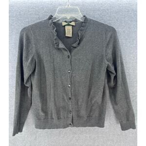 VTG 525 America Women's sz L Grey Button Down Cardigan Ruffle Neck Cotton Blend